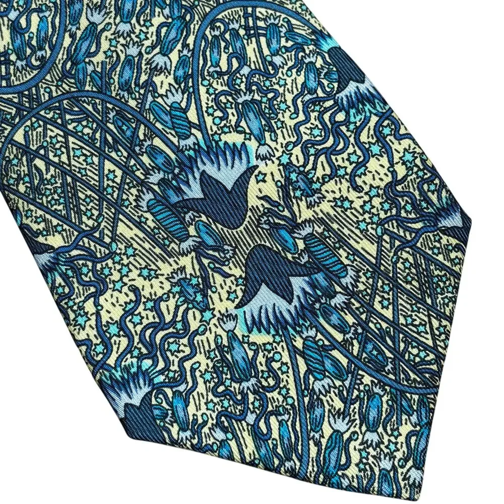 Classic Hermes Paris silk neck tie 7048-TA yellow blue Fireworks Feux d'Artifice